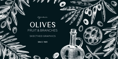 Olive oil banner design. Olives, tree branches, oil bottle sketches on chalkboard. Mediterranean food background. Hand-drawn vector illustration. NOT AI generated.